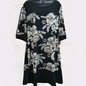 Clara Sun Woo Floral Dress Size XL Black/Cream Boat Neck Half Sleeve Stretch